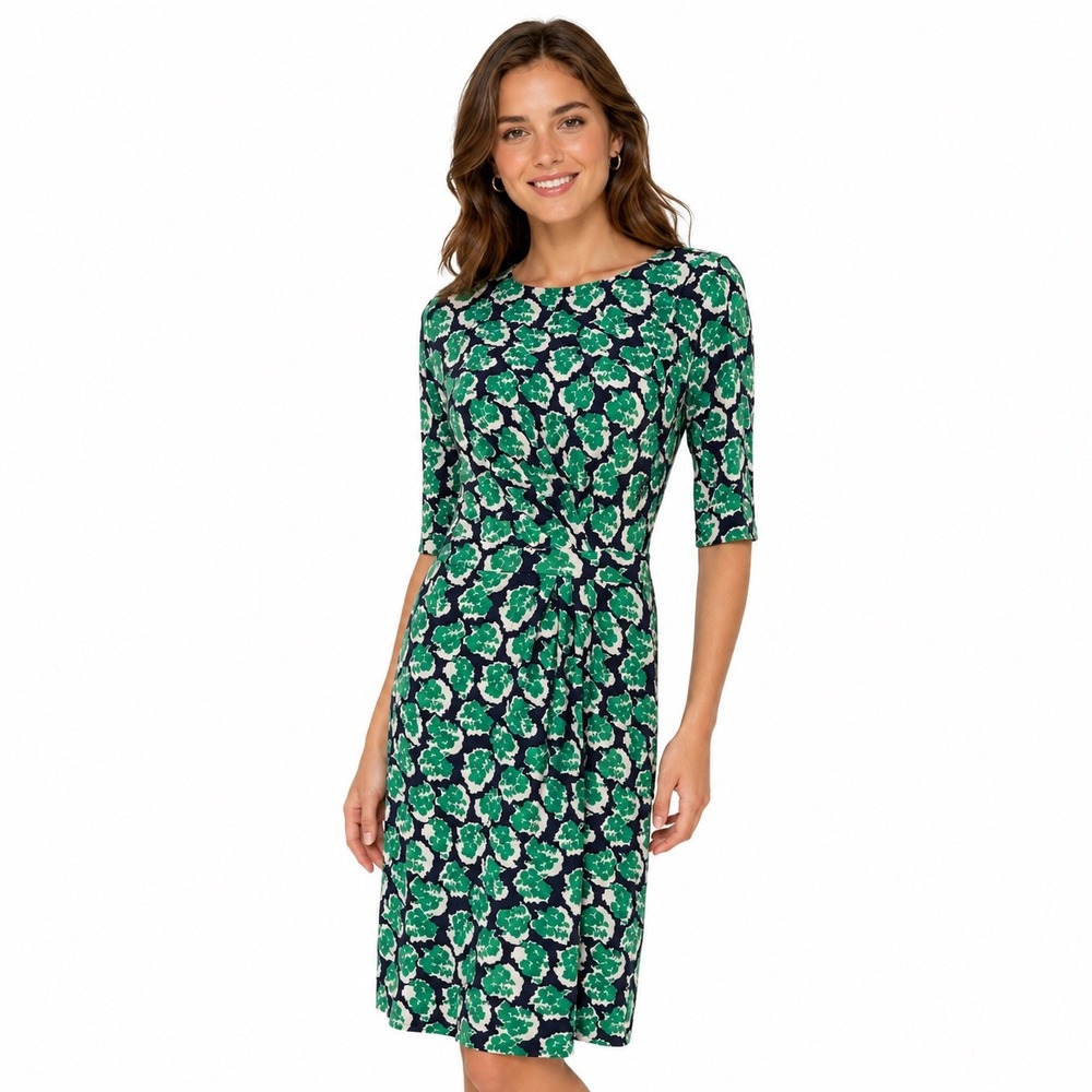Boden Green Navy Floral Twist Waist Midi Dress 3/4 Sleeve Women's US 6 UK 10